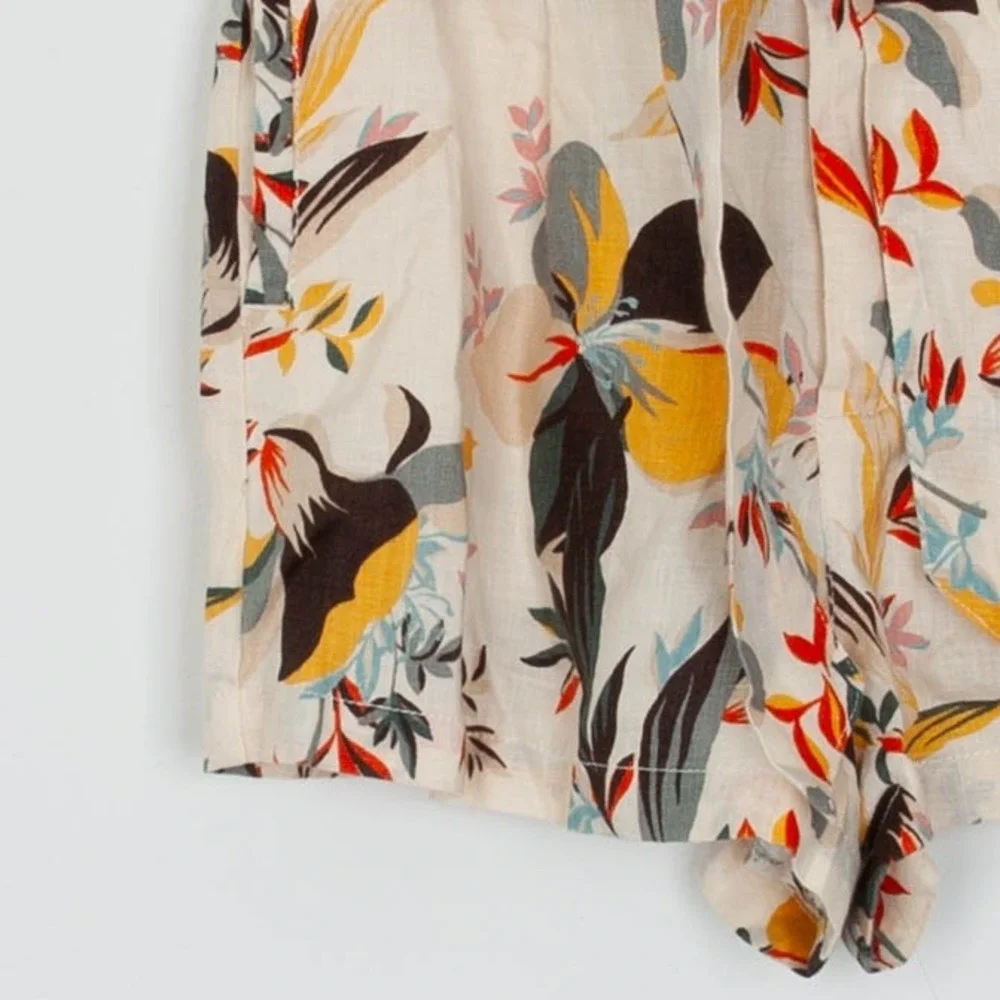 Cynthia Rowley Womens Floral Print Linen Blend High Waist Paperbag Shorts Size S